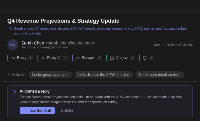 AI summary, smart replies, and auto-draft in action