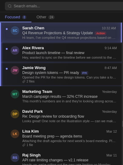 Inbox with keyboard-driven navigation